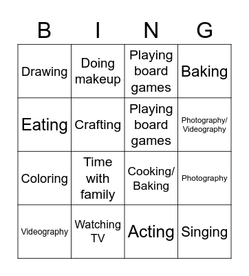 Hobbies and Interests Bingo Card