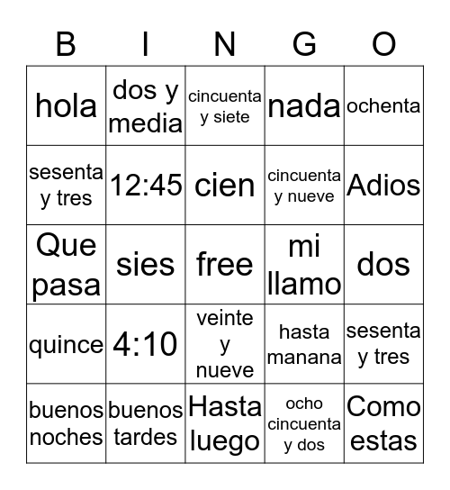 Table 1 Spanish Bingo Card