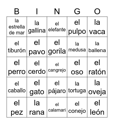 Los animales Bingo Card