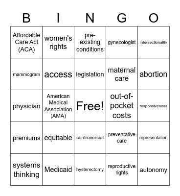 Women's Health Bingo Card