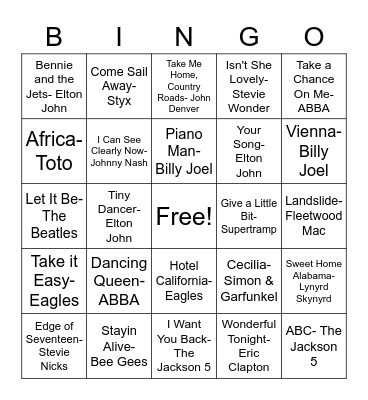 70's Music Bingo Card
