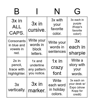 Spelling Bingo Card