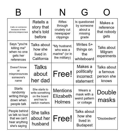 Dr. Elms Bingo Card