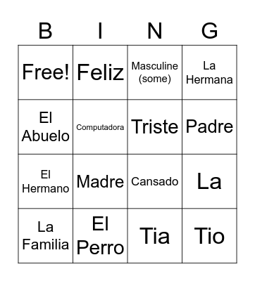 Spanish Semester 1 Review Bingo Card