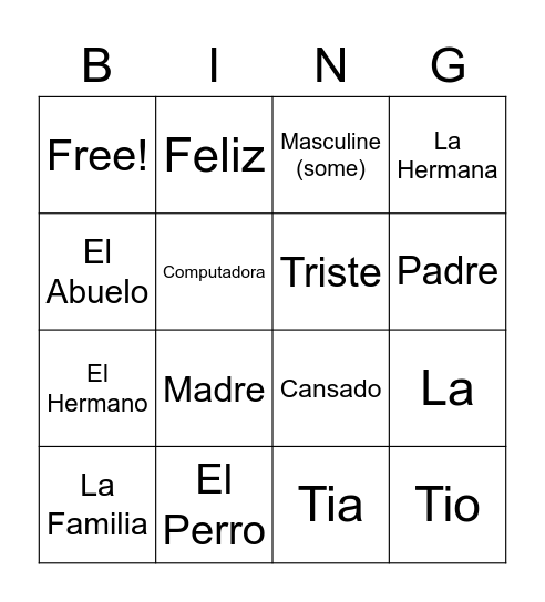 Spanish Semester 1 Review Bingo Card