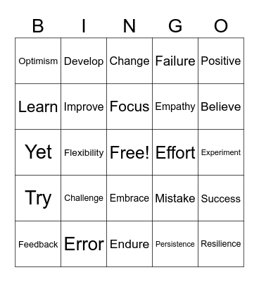 SPACE Growth Mindset Bingo Card