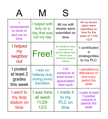 AMS BINGO Card