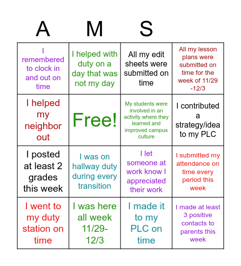 AMS BINGO Card