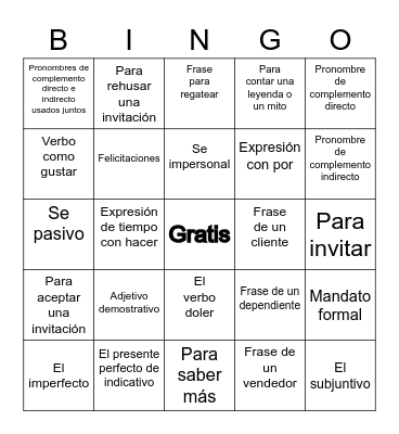 Repaso de frases y gramática Bingo Card