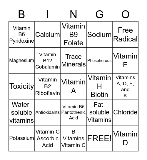 Vitamins Bingo Card