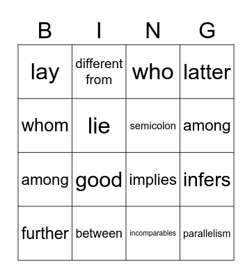 Grammar Bingo Card
