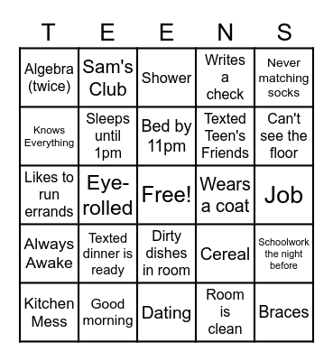 Teen Bingo Card