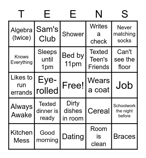 Teen Bingo Card