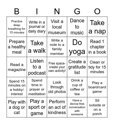 Wellbeing Bingo Card