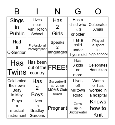 MOMS Club of Bridgewater West Bingo Card