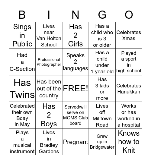 MOMS Club of Bridgewater West Bingo Card