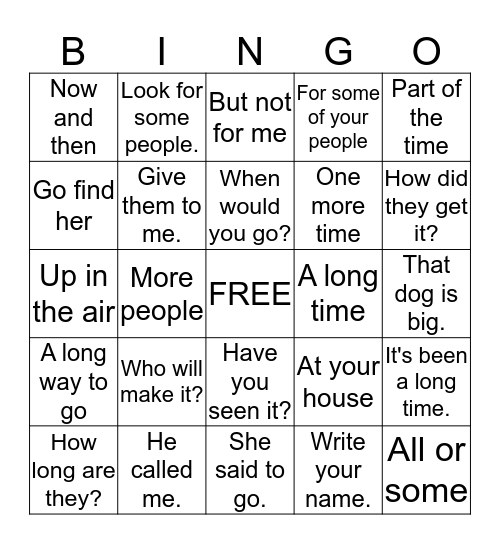 1st Grade Fry Phrases 2 Bingo Card