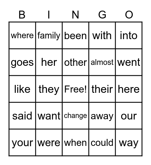 2nd Grade Sight Words Bingo Card