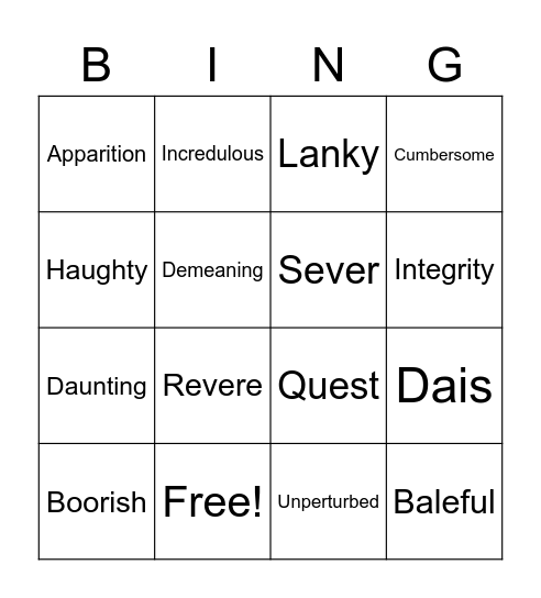 Sir Gawain and the Green Knight Bingo Card