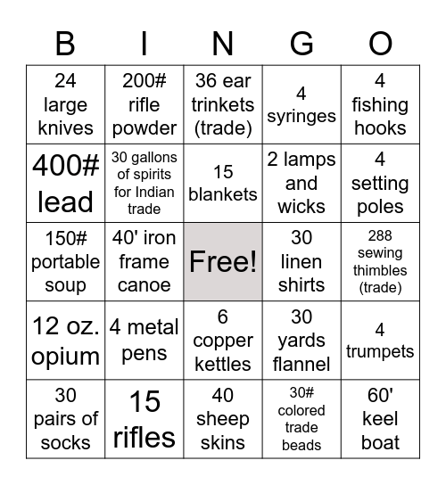 Expedition Supply Bingo Card