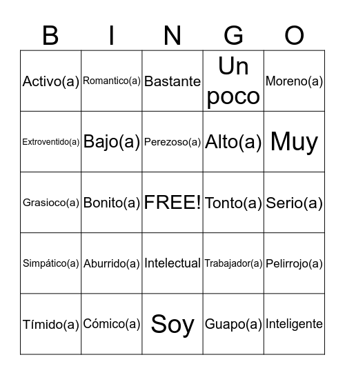 Discribing People  Bingo Card