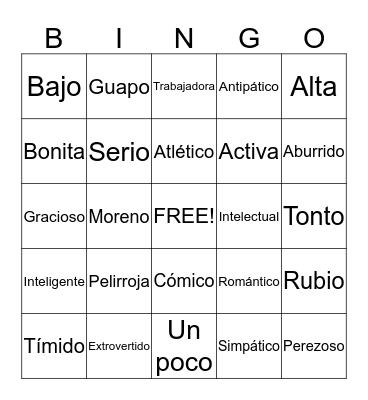 Describing People Bingo Card