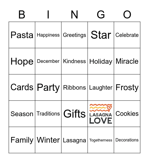 Lasagna Love Holiday Bingo Card