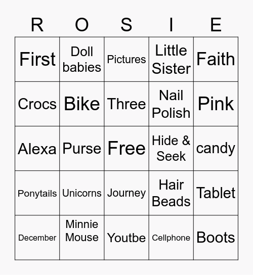 Rosie's Birthday Bingo Card