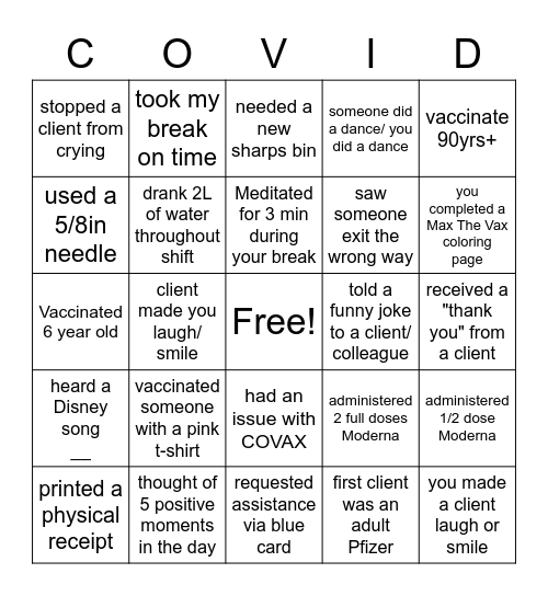 Maple Vaccine Clinic Bingo Card