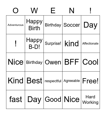 Happy Birthday Owen Bingo Card