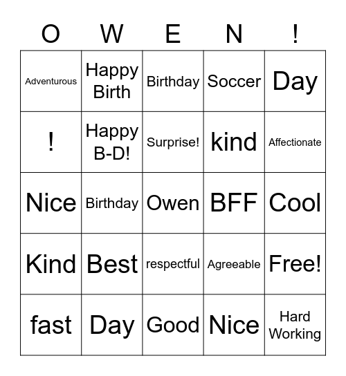 Happy Birthday Owen Bingo Card