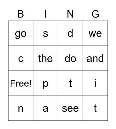 Letters and Sight Words Bingo Card