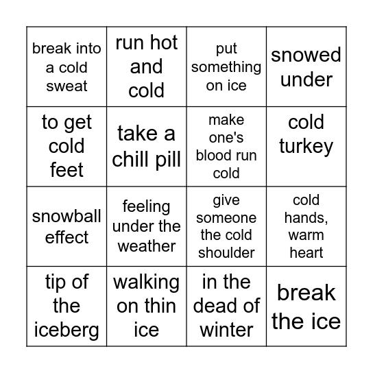Winter Idioms Bingo Card