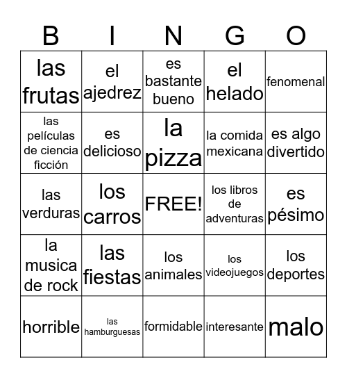 Describing Things Bingo Card