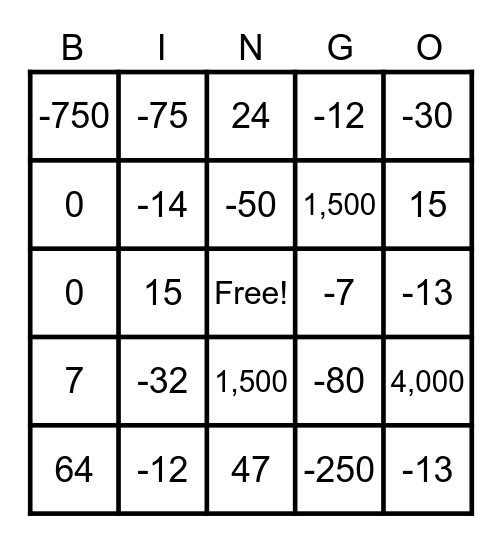 Integers Bingo Card
