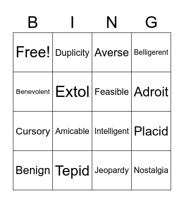 Unit 2 Vocabulary Bingo Card