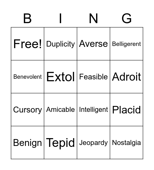 Unit 2 Vocabulary Bingo Card