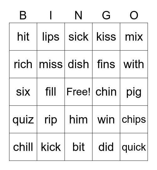 Short "i" Words Bingo Card