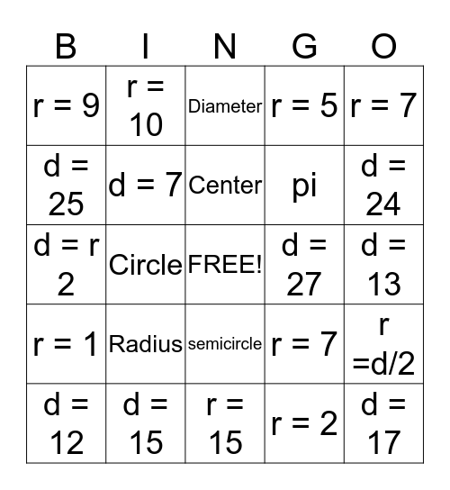 Area of a circle 6.3 Bingo Card
