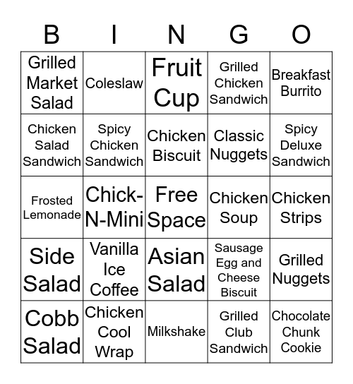 Chick-fil-A Bingo Card