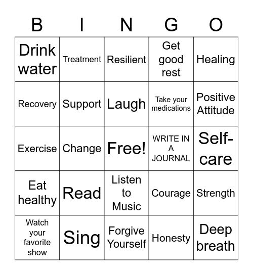 Mental Health Bingo Card