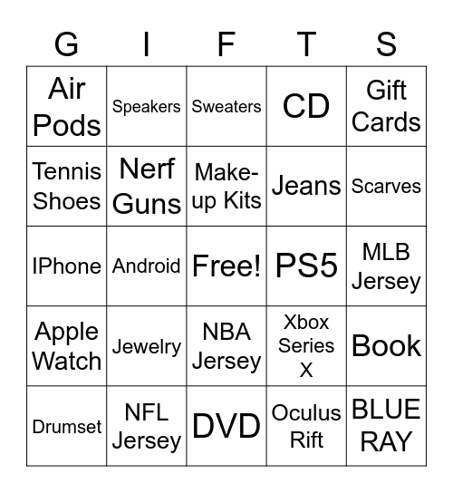 Holiday Gifts Bingo Card