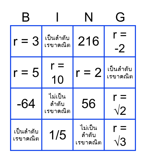 Geometric Sequence Bingo Card