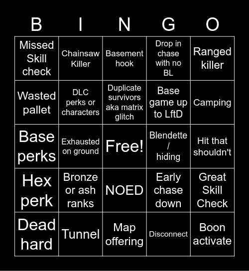 Dead by Daylight Updated Card Bingo Card