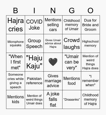 Hajra and Umair Bingo Card