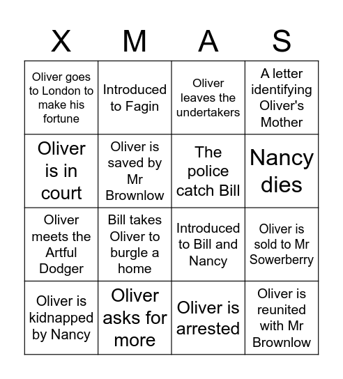 Oliver Twist Events Bingo Card