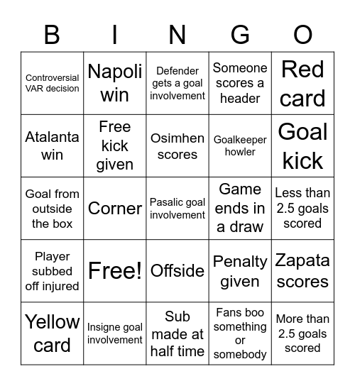 Napoli - Atalanta watchalong Bingo Card