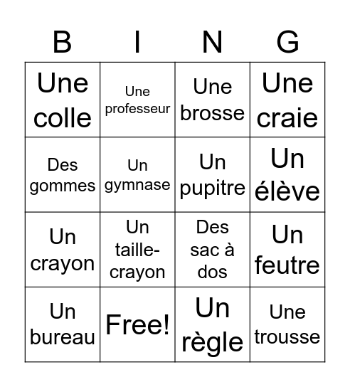 BINGO: Fournitures Scolaires Bingo Card