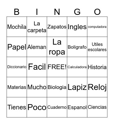 Spanish Bingo Card