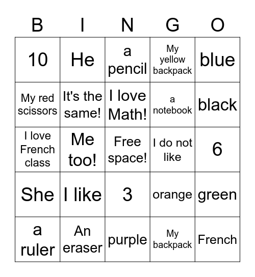 Ma classe et moi Bingo Card